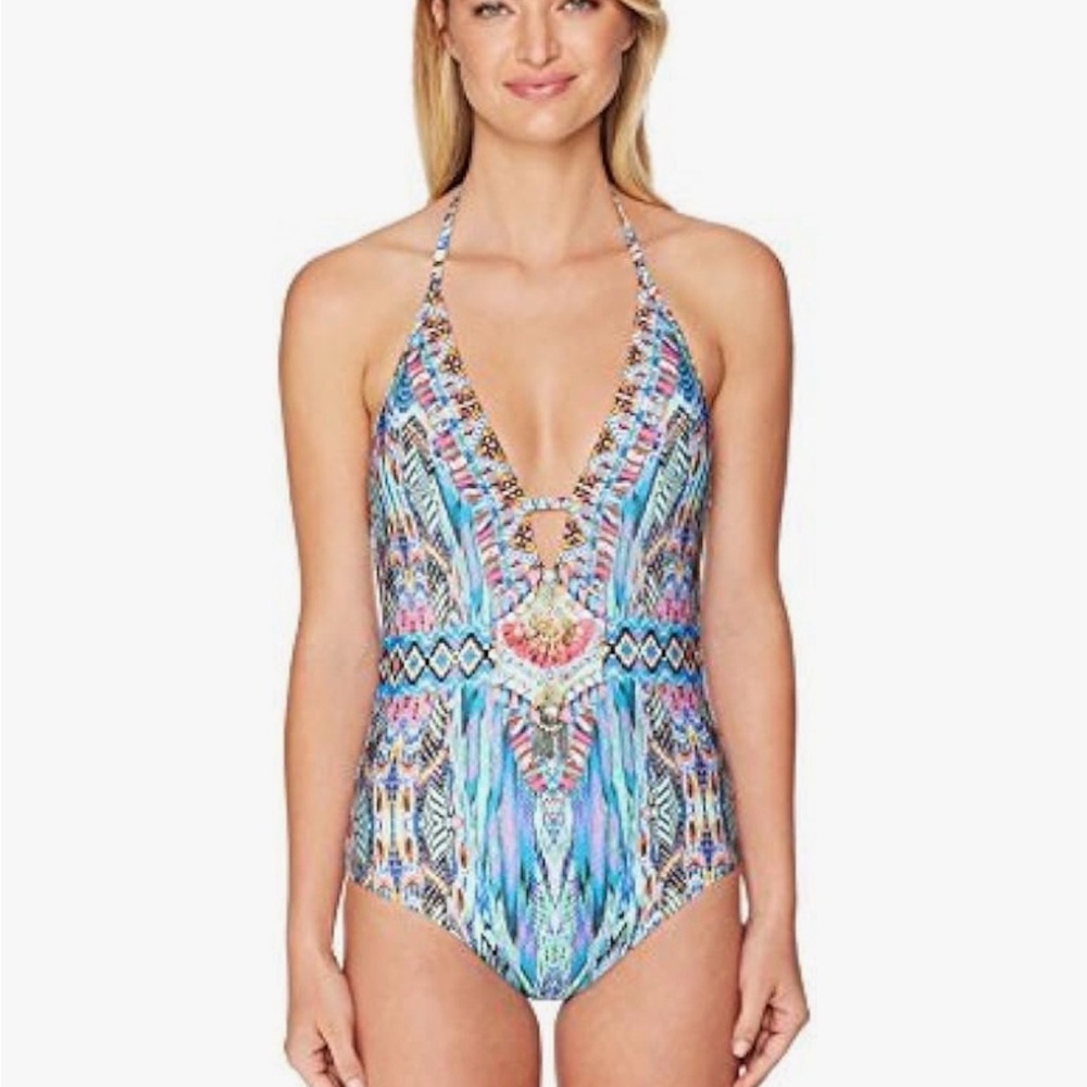 Laundry By Shelli Segal Abstract Feathers One-Piece Swimsuit Size Medium